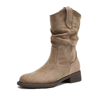 Ženske gležnjače od velura sa slouch stilom, do sredine potkoljenice, oštar vrh prsta, debeli potpetica 3–5 cm, jesen 2025