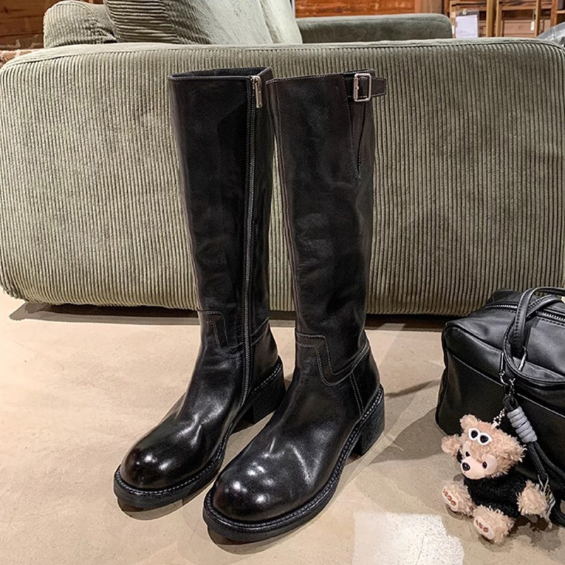Ženske jahačke čizme, gornji dio od mikrovlakna, okrugli vrh, bočni zatvarač, debeli pet