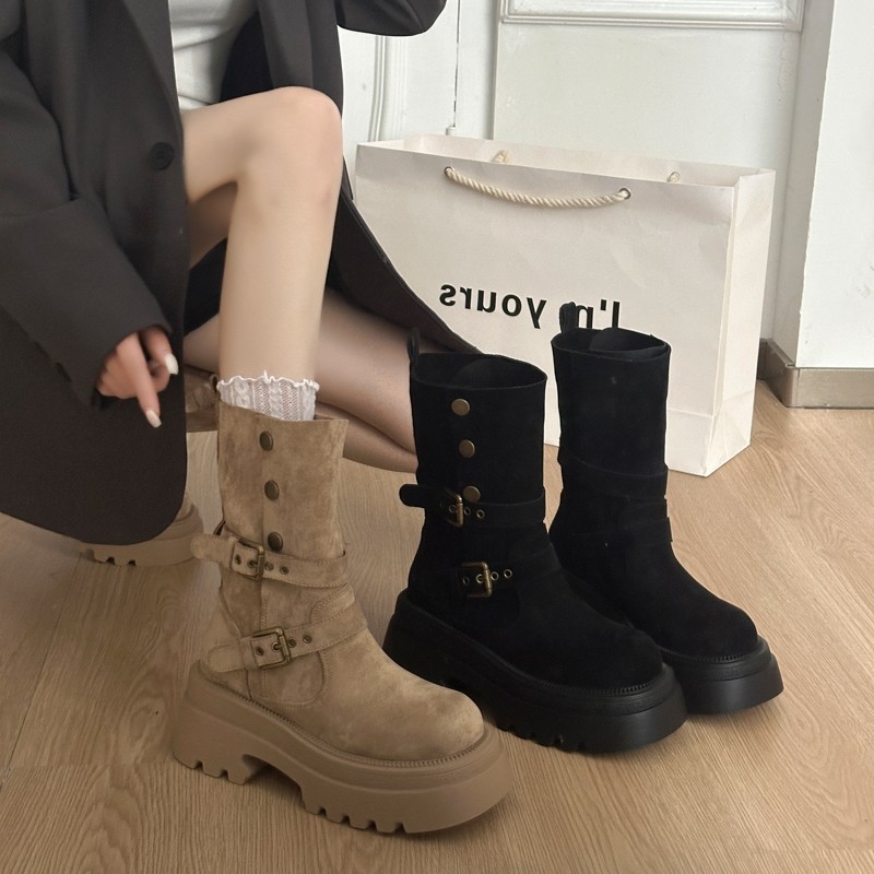 Női Martin csizmák velúr felsőrész, gumi talp, vastag sarok 3–5 cm, kerek orr, középmagas vádlina