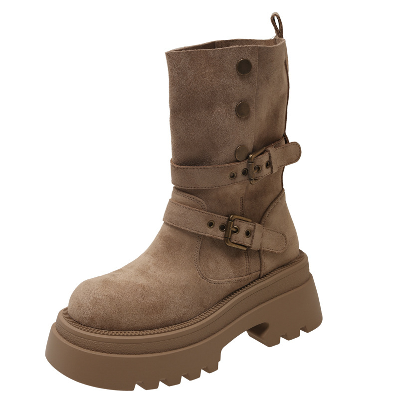 Női Martin csizmák velúr felsőrész, gumi talp, vastag sarok 3–5 cm, kerek orr, középmagas vádlina