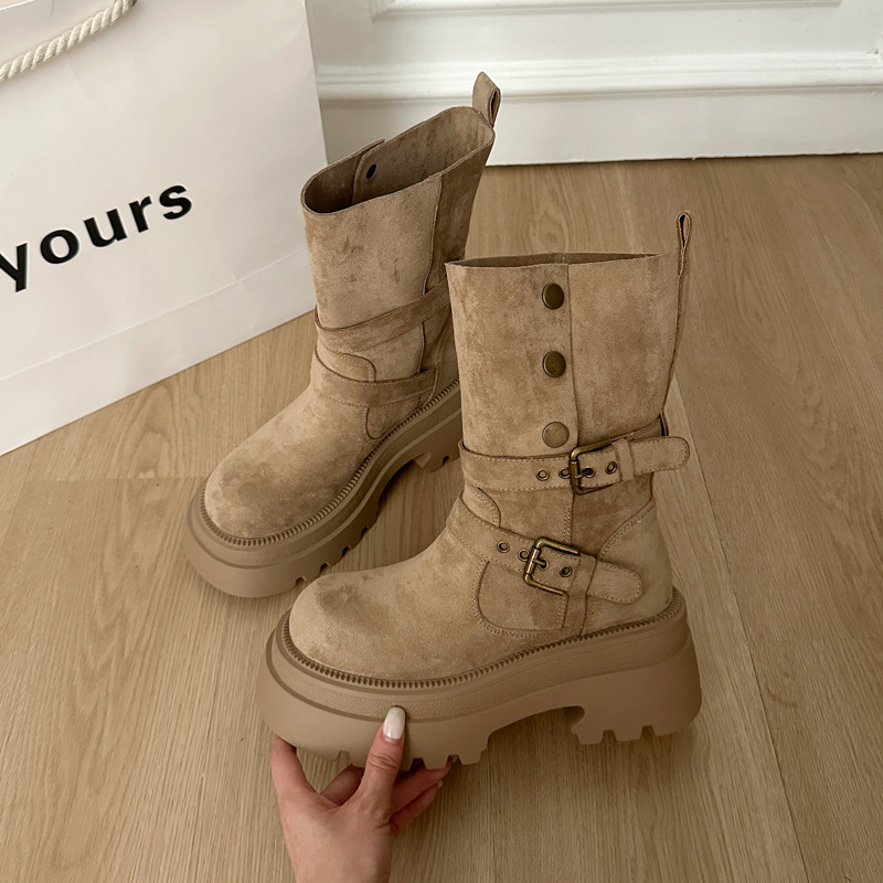 Női Martin csizmák velúr felsőrész, gumi talp, vastag sarok 3–5 cm, kerek orr, középmagas vádlina