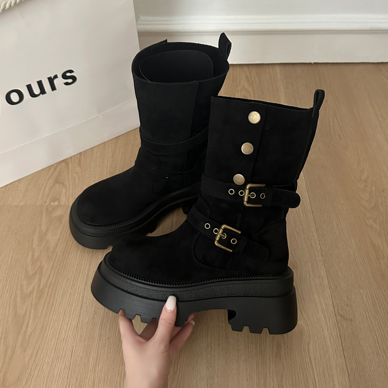 Női Martin csizmák velúr felsőrész, gumi talp, vastag sarok 3–5 cm, kerek orr, középmagas vádlina