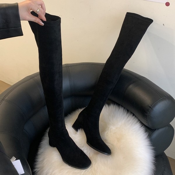 Elastične čizme iznad koljena s nubuk gornjim dijelom, gumom, debelim potpeticama 6-8 cm, korejski stil