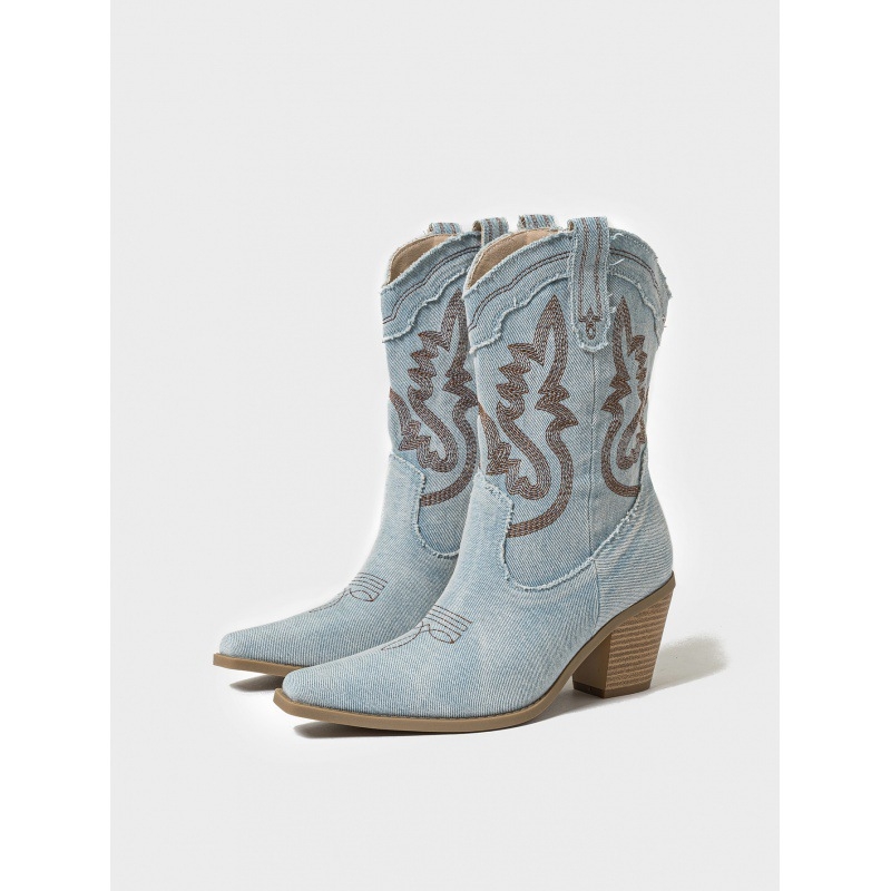 Chelsea čizme s debelim petom, denim gornji dio, oštar nos, gumeni potplat, PU podstava, vintage stil