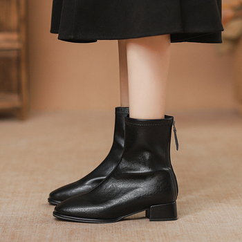 Cizme pentru femei, până la mijlocul gambei, cu vârf pătrat, toc gros, fermoar pe spate, talpă din cauciuc pentru iarnă