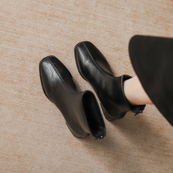 Cizme pentru femei, până la mijlocul gambei, cu vârf pătrat, toc gros, fermoar pe spate, talpă din cauciuc pentru iarnă