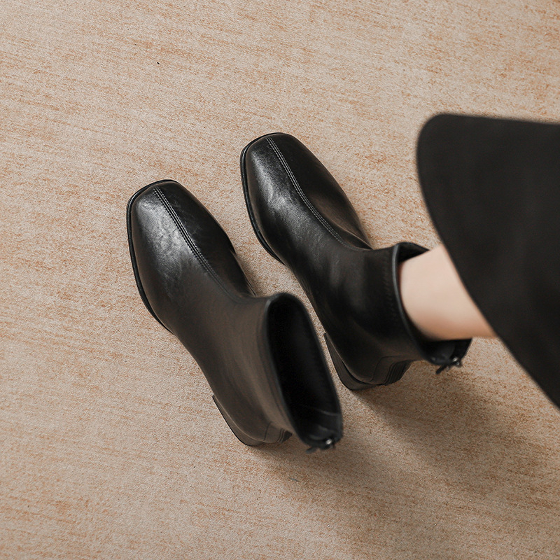 Cizme pentru femei, până la mijlocul gambei, cu vârf pătrat, toc gros, fermoar pe spate, talpă din cauciuc pentru iarnă