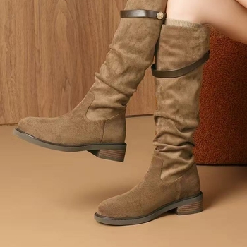 Ženske čizme od PU velura, slouch stil, do koljena, debeli pet 3-5 cm, gumeni potplat