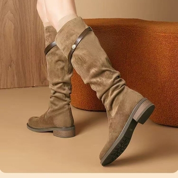 Ženske čizme od PU velura, slouch stil, do koljena, debeli pet 3-5 cm, gumeni potplat