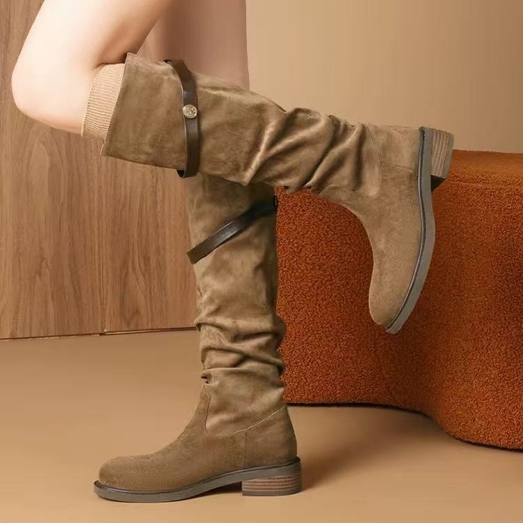 Ženske čizme od PU velura, slouch stil, do koljena, debeli pet 3-5 cm, gumeni potplat