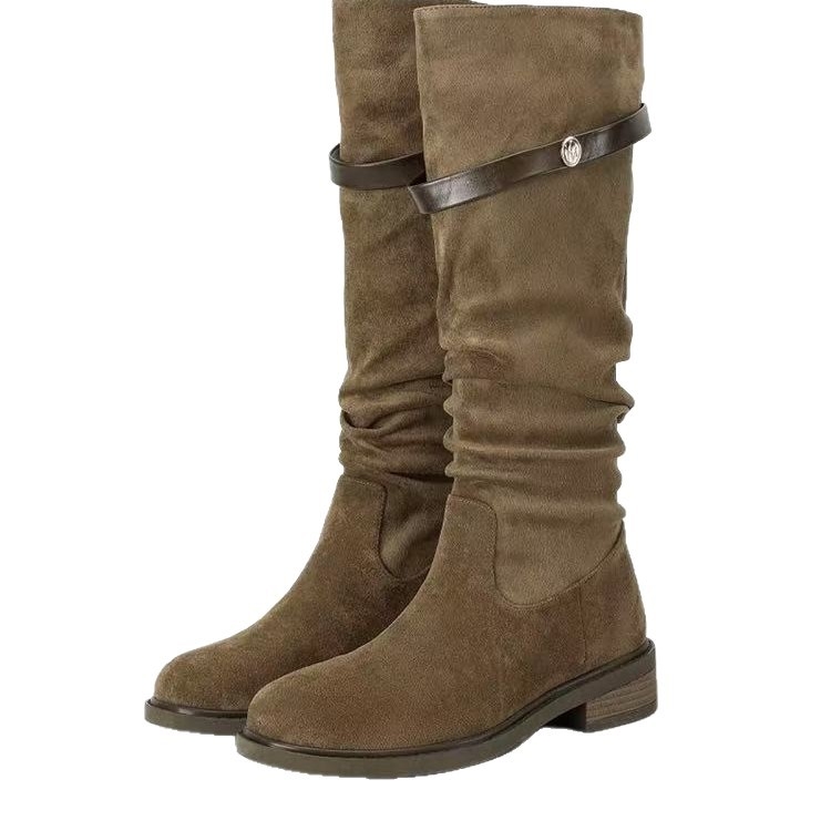 Ženske čizme od PU velura, slouch stil, do koljena, debeli pet 3-5 cm, gumeni potplat