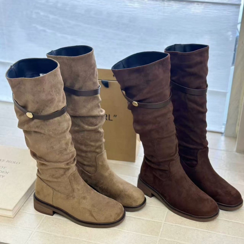 Ženske čizme od PU velura, slouch stil, do koljena, debeli pet 3-5 cm, gumeni potplat