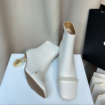 Čizme od prave kože do sredine lista, Francuski stil, kvadratni vrh, debeli pet visok 6–8 cm