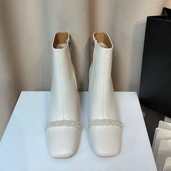 Čizme od prave kože do sredine lista, Francuski stil, kvadratni vrh, debeli pet visok 6–8 cm