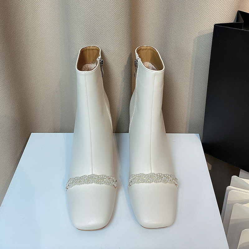 Čizme od prave kože do sredine lista, Francuski stil, kvadratni vrh, debeli pet visok 6–8 cm