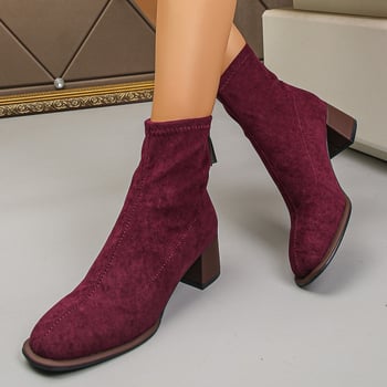 Ženske kratke čizme s debelim potpetinom, retro stil, velurom gornji dio, četvrtasti vrh, stražnji zatvarač
