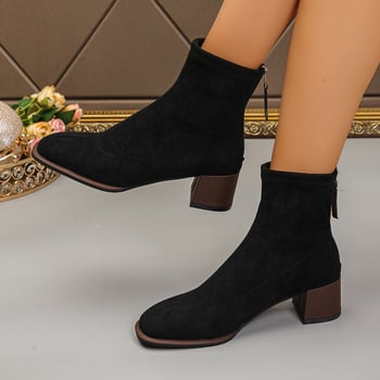 Ženske kratke čizme s debelim potpetinom, retro stil, velurom gornji dio, četvrtasti vrh, stražnji zatvarač