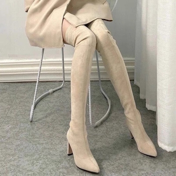 Ženske čizme iznad koljena od velura, čarapasto-stil, šiljasti nos, visoki pet 6–8 cm