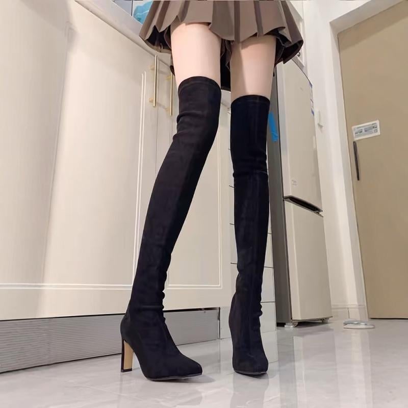 Ženske čizme iznad koljena od velura, čarapasto-stil, šiljasti nos, visoki pet 6–8 cm
