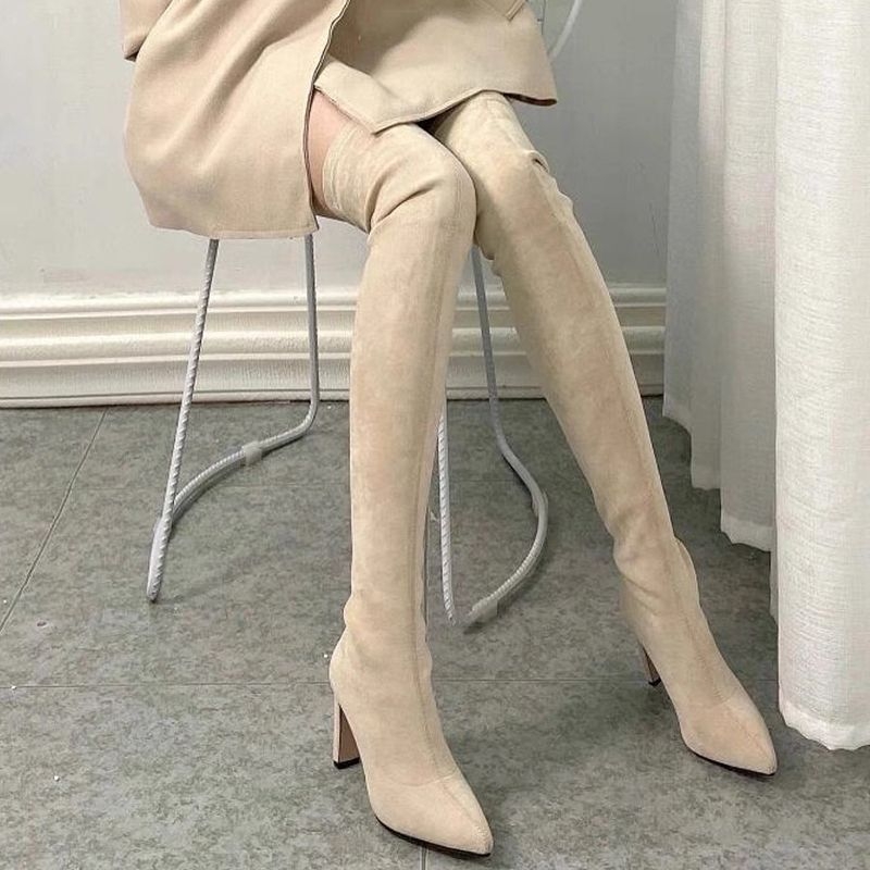 Ženske čizme iznad koljena od velura, čarapasto-stil, šiljasti nos, visoki pet 6–8 cm