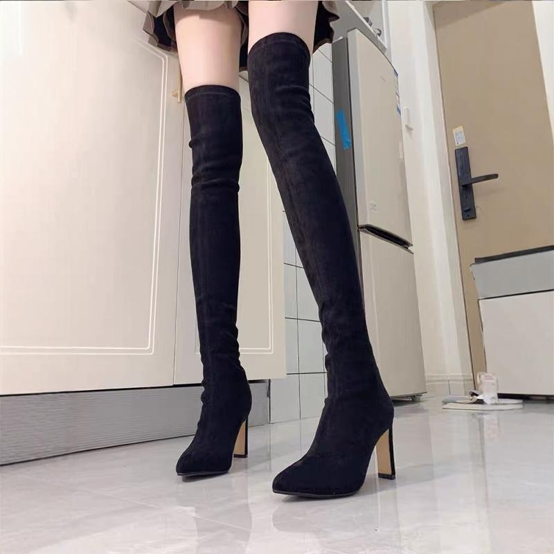 Ženske čizme iznad koljena od velura, čarapasto-stil, šiljasti nos, visoki pet 6–8 cm