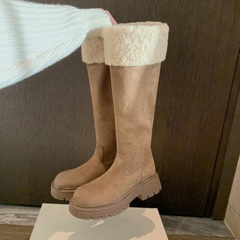 Viteške čizme do koljena s povećanjem visine od 6 cm, topli velur, stražnji zatvarač, debeli potpetica, okrugli vrh