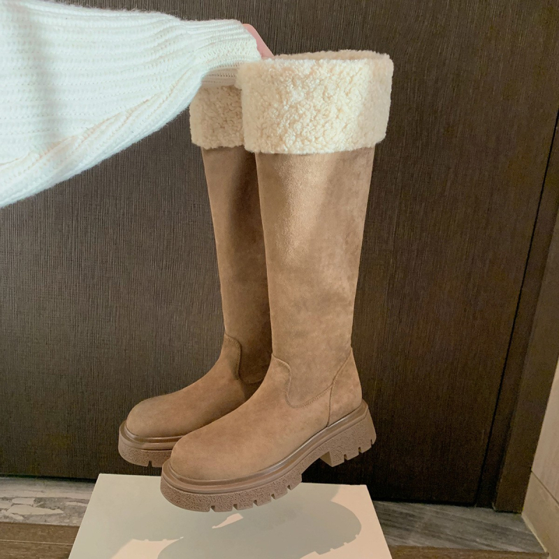 Viteške čizme do koljena s povećanjem visine od 6 cm, topli velur, stražnji zatvarač, debeli potpetica, okrugli vrh