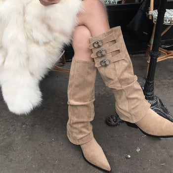 Ženske modne čizme, korejski stil, oštar vrh, visoka debela petica 6–8 cm, visok kanal, odvojive zaštitnice za cipele