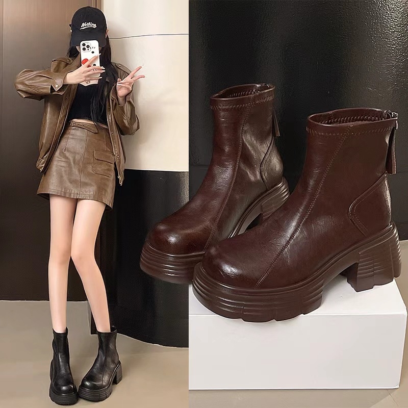 Γυναικείες μποτάκια Μάρτιν – στρογγυλή μύτη, παχύ τακούνι 3–5 cm, πίσω φερμουάρ, PU επάνω μέρος, γνήσια δερμάτινη επένδυση, σόλα από αφρό, βρετανικό στυλ