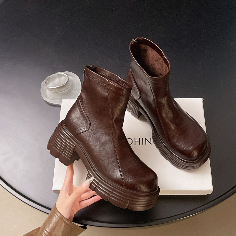 Γυναικείες μποτάκια Μάρτιν – στρογγυλή μύτη, παχύ τακούνι 3–5 cm, πίσω φερμουάρ, PU επάνω μέρος, γνήσια δερμάτινη επένδυση, σόλα από αφρό, βρετανικό στυλ