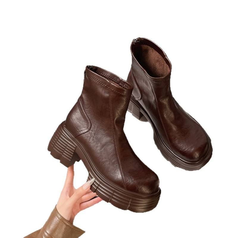 Γυναικείες μποτάκια Μάρτιν – στρογγυλή μύτη, παχύ τακούνι 3–5 cm, πίσω φερμουάρ, PU επάνω μέρος, γνήσια δερμάτινη επένδυση, σόλα από αφρό, βρετανικό στυλ