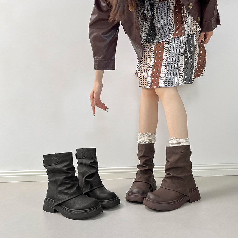 Ženske Martin čizme s debelim đonom, korejski i britanski stil, okrugli vrh, masivan potpetica 6–8 cm, Bootcut dizajn