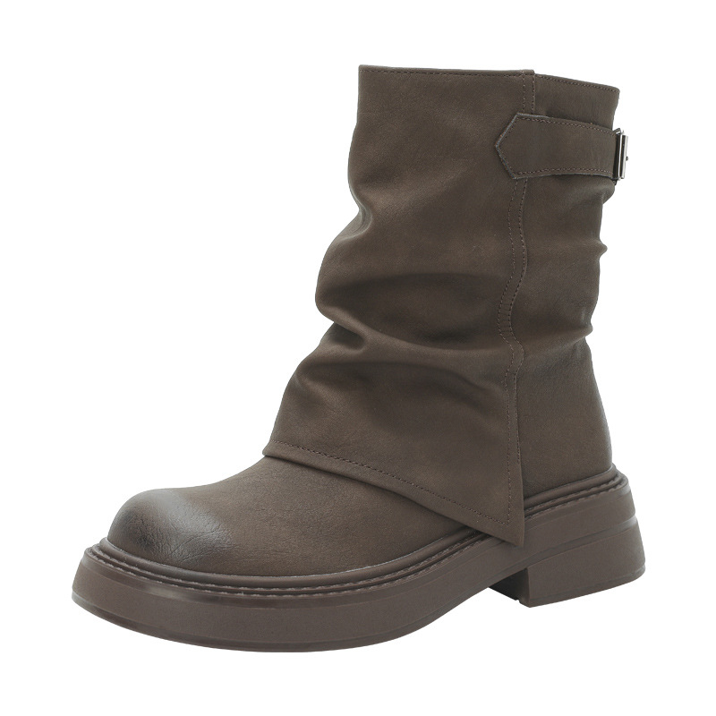 Ženske Martin čizme s debelim đonom, korejski i britanski stil, okrugli vrh, masivan potpetica 6–8 cm, Bootcut dizajn