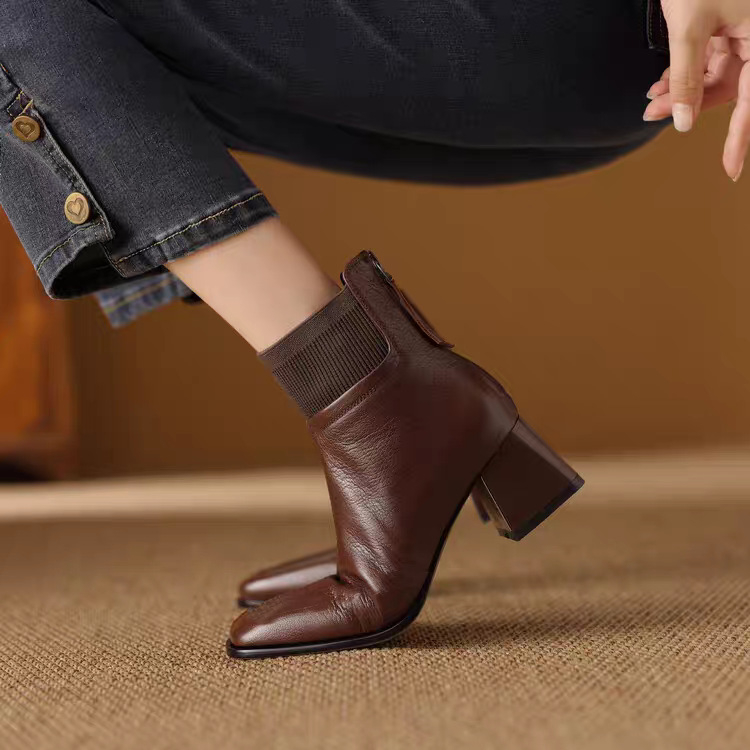 Ženske gležnjače od PU kože, kvadratni nos, debeli pet, 3-5 cm, zatvarač straga