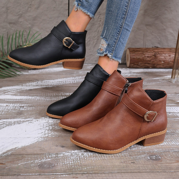 Женски ботуши Мартин, кръгъл нос, дебел ток 3–5 см, нисък крачол, страничен цип