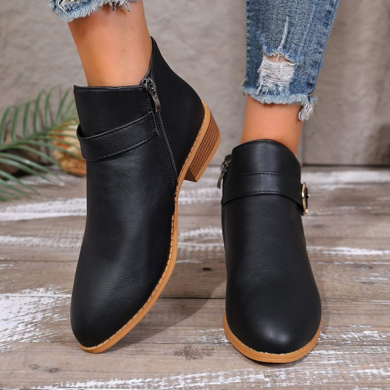 Женски ботуши Мартин, кръгъл нос, дебел ток 3–5 см, нисък крачол, страничен цип