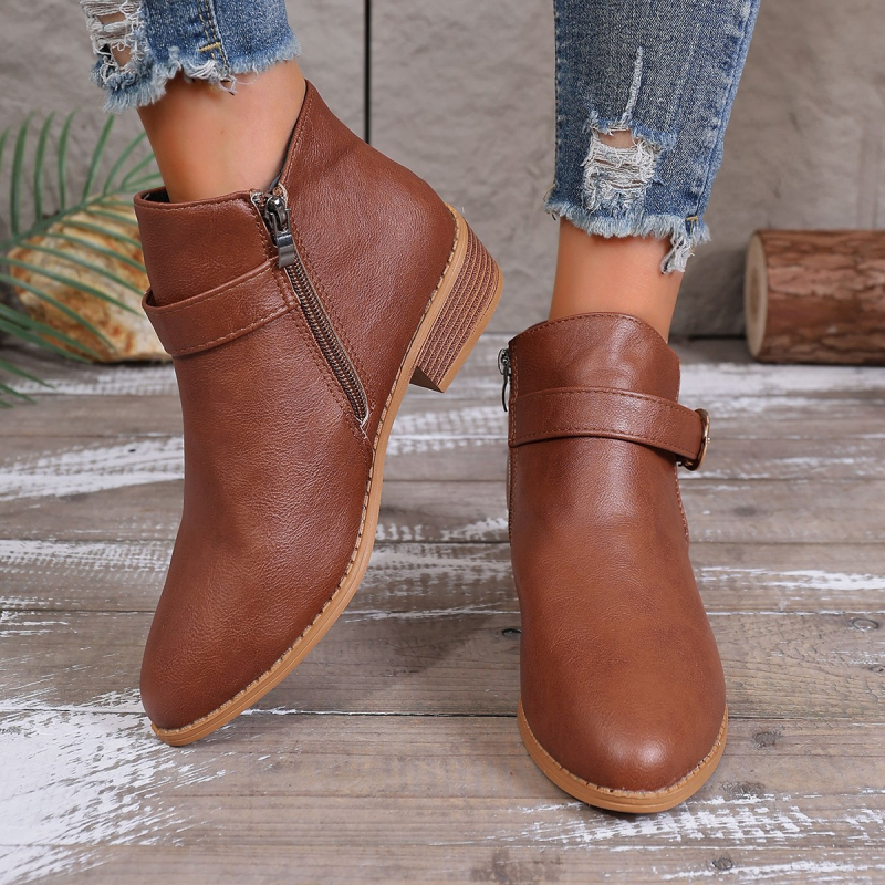 Женски ботуши Мартин, кръгъл нос, дебел ток 3–5 см, нисък крачол, страничен цип