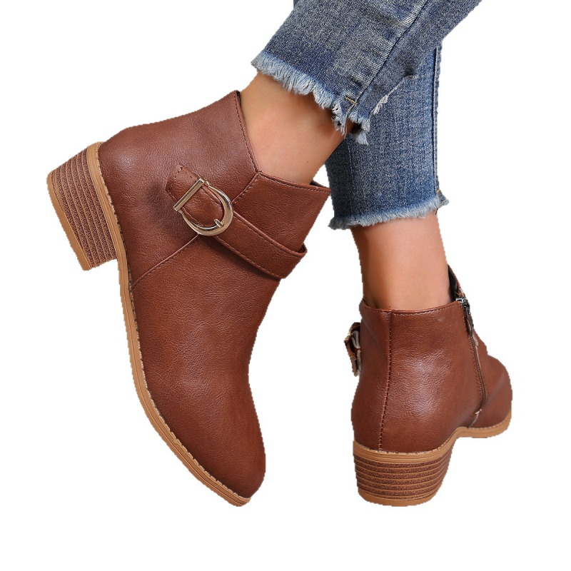 Женски ботуши Мартин, кръгъл нос, дебел ток 3–5 см, нисък крачол, страничен цип