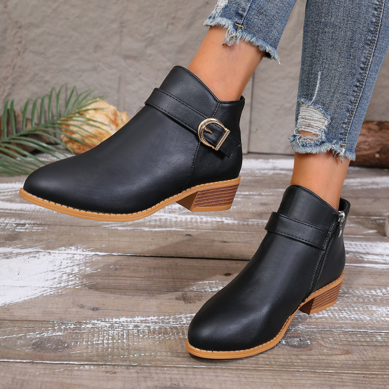 Женски ботуши Мартин, кръгъл нос, дебел ток 3–5 см, нисък крачол, страничен цип