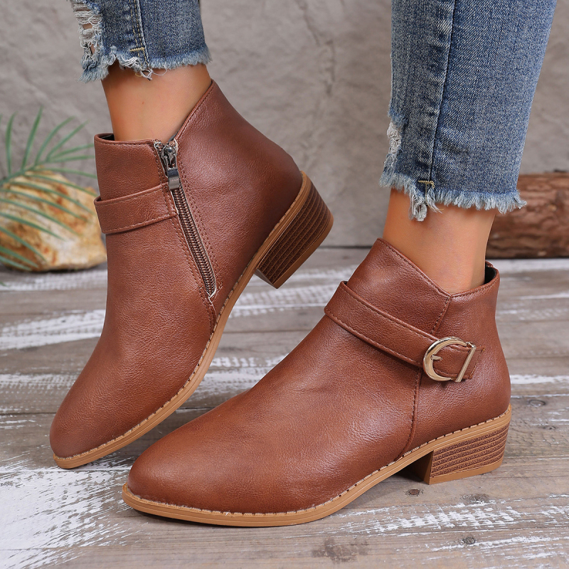 Женски ботуши Мартин, кръгъл нос, дебел ток 3–5 см, нисък крачол, страничен цип