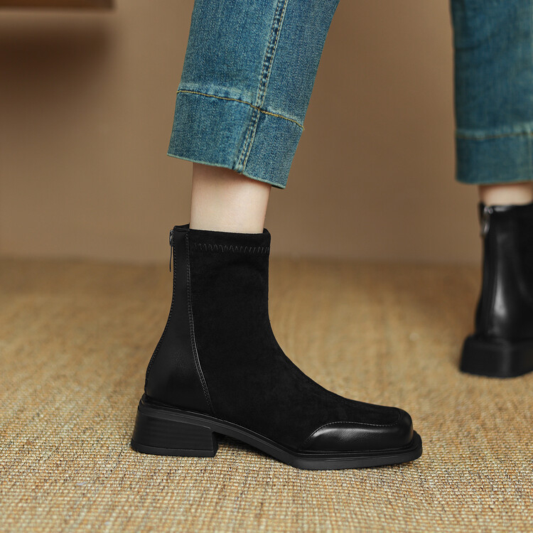 Mu xuan Martin čizme, velur gornji dio, kvadratni vrh, debeli niski pet 1–3 cm, zatvarač straga