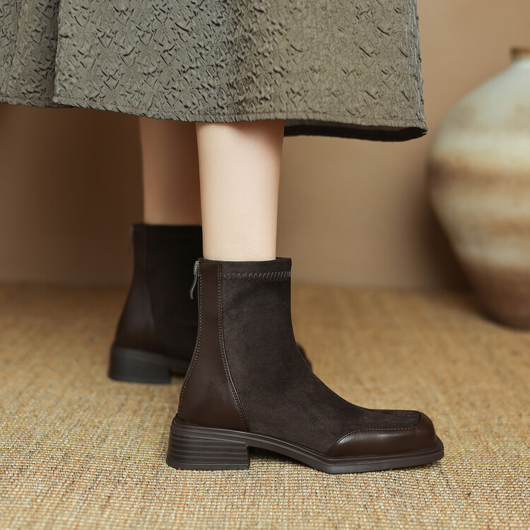 Mu xuan Martin čizme, velur gornji dio, kvadratni vrh, debeli niski pet 1–3 cm, zatvarač straga