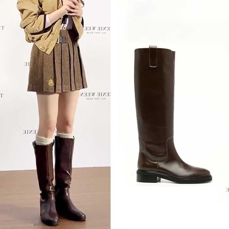 Ženske Knight čizme od prave kože, zaobljen vrh, debeli pet 3–5 cm, srednja visina čizme, gumeni đon, podstava od ovčje vune, ulošak od super vlakana