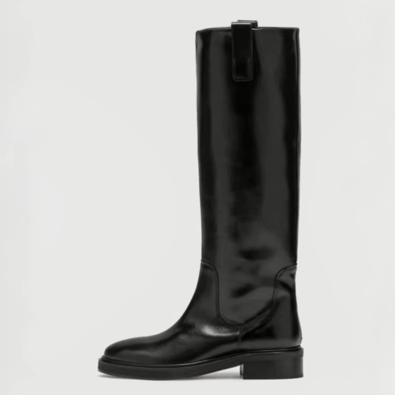 Ženske Knight čizme od prave kože, zaobljen vrh, debeli pet 3–5 cm, srednja visina čizme, gumeni đon, podstava od ovčje vune, ulošak od super vlakana