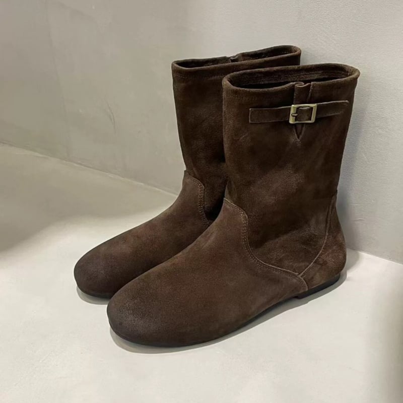 Ženske uske čizme s retro stilom (gornji dio od velura, unutarnje podizanje visine, okrugli vrh, niski pet 1–3 cm, gumeni potplat)
