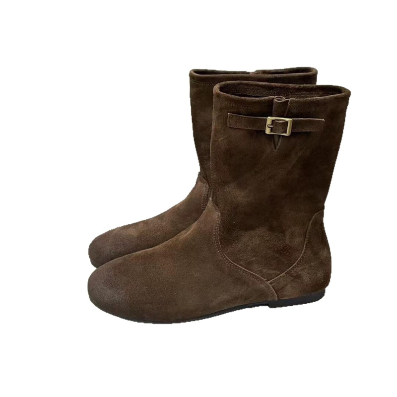 Ženske uske čizme s retro stilom (gornji dio od velura, unutarnje podizanje visine, okrugli vrh, niski pet 1–3 cm, gumeni potplat)