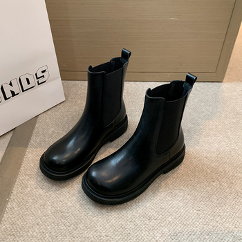 Ženske Chelsea čizme - PU gornji dio, gumeni đon, niski debeli pet, niski tubus, zaobljeni nos