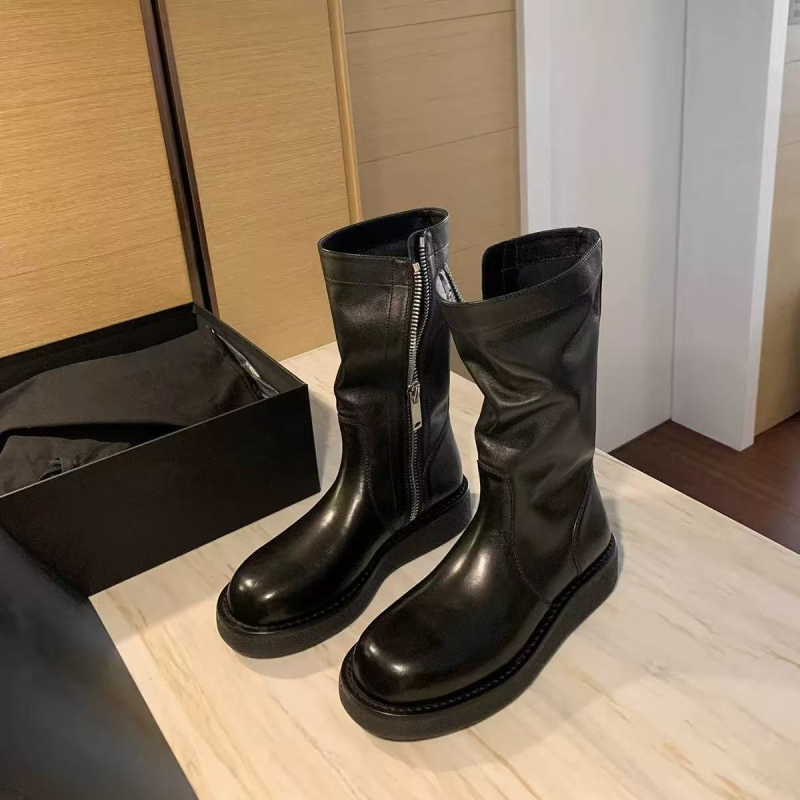 Ženske kožne čizme s okruglim vrhom, klinasti pet 3-5 cm, do potkoljenice, bočni zatvarač