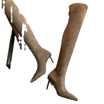 Ženske čizme iznad koljena od velura, oštar vrh, visoki pet 6–8 cm, stražnji zatvarač