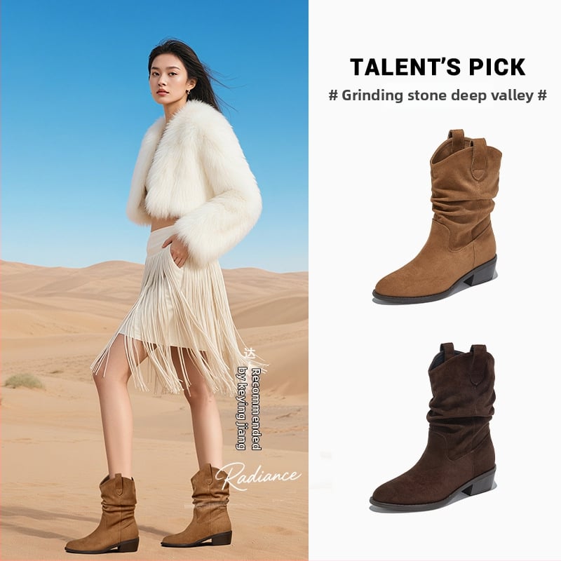 Mingliu Cizme pentru femei – vârf ascuțit, gambă scurtă, toc gros 3-5 cm, partea superioară din material textil